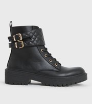 New Look Black Quilted Buckle Trim Chunky Biker Boots